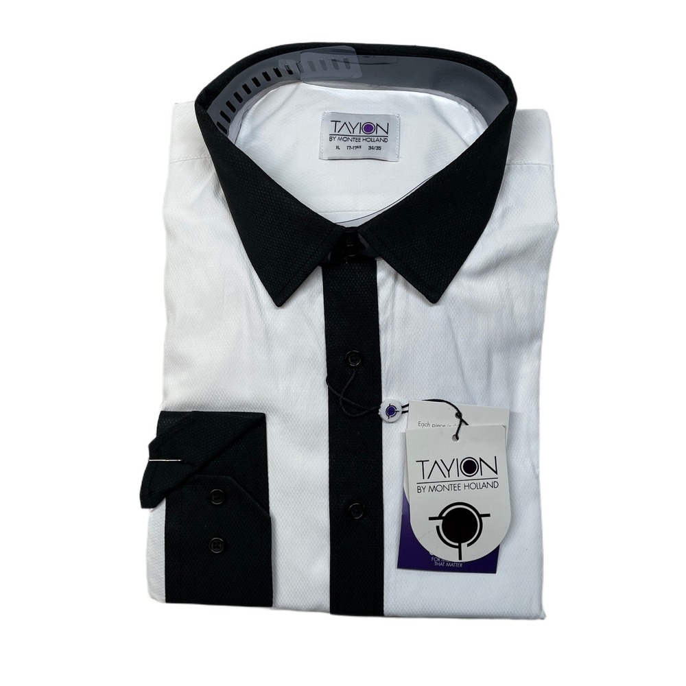 Tayion Slim-Fit Trim Dress Shirt Mens XL 17-17.5‎ 34/35 White Black $60
